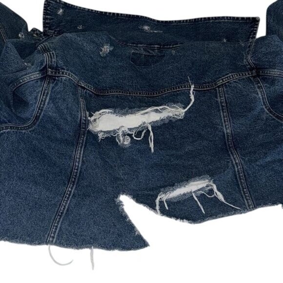 Vintage Wrangler Hero Distressed Cropped Denim Jacket With Raw Hem & Ripped Deta - Picture 9 of 11